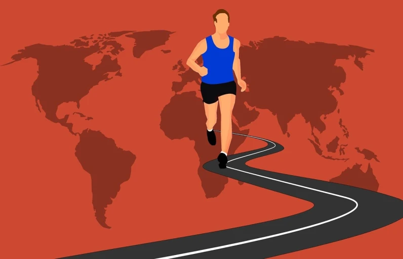 a man running on a road with a world map in the background, an illustration of, modern simplified vector art, fit woman, sports photo, gloomcore illustration