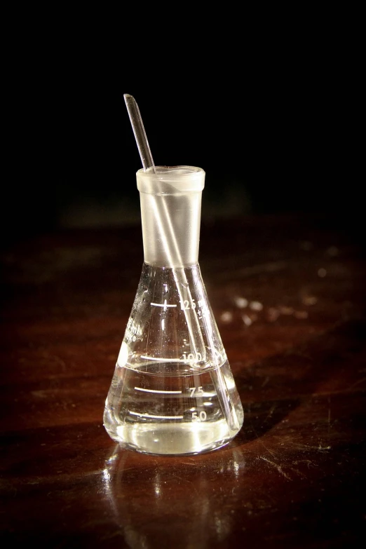 a beaker filled with liquid sitting on top of a wooden table, flickr, syringe, cone shaped, stock footage, very interesting