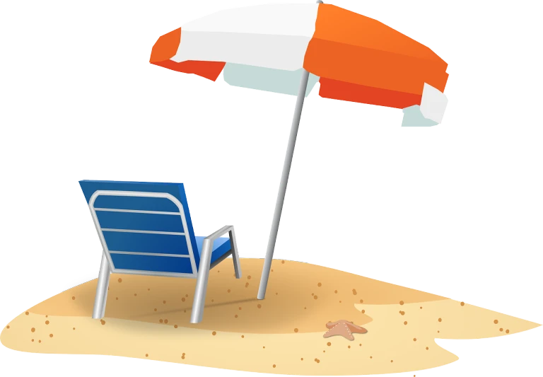 a beach chair and umbrella on a sandy beach, an illustration of, pixabay, sunbathing. illustration