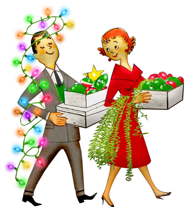 a man and a woman standing next to each other, a digital rendering, by Bob Singer, naive art, christmas lights, delivering parsel box, 5 0 s pulp illustration, bouquet