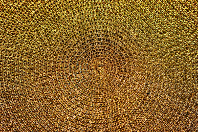 a close up of the inside of a sunflower, a mosaic, by Jon Coffelt, kinetic pointillism, gold necklace, thailand art, wicker art, high resolution image