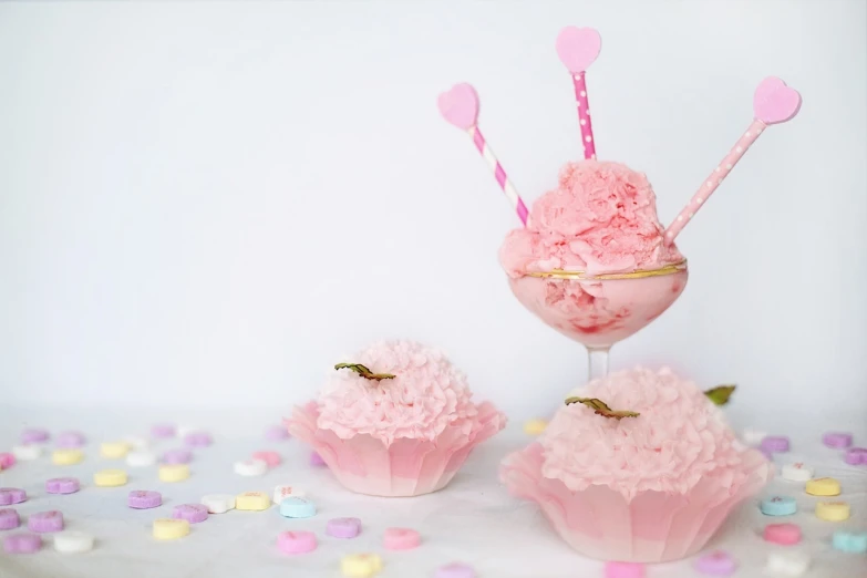 a couple of cupcakes sitting on top of a table, a pastel, tumblr, romanticism, pink skin, milkshake, cupid, 4 0 9 6