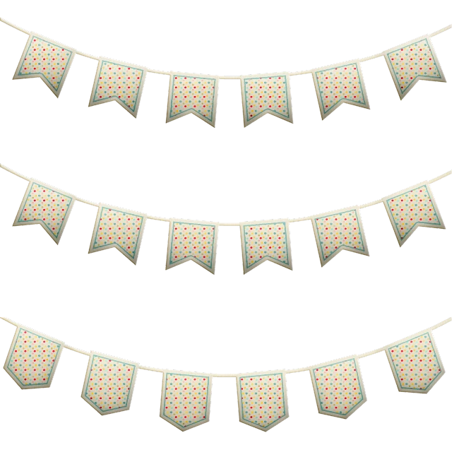 a group of bunting flags hanging from a string, a digital rendering, folk art, ivory, symmetrical image, product photo, on a black background