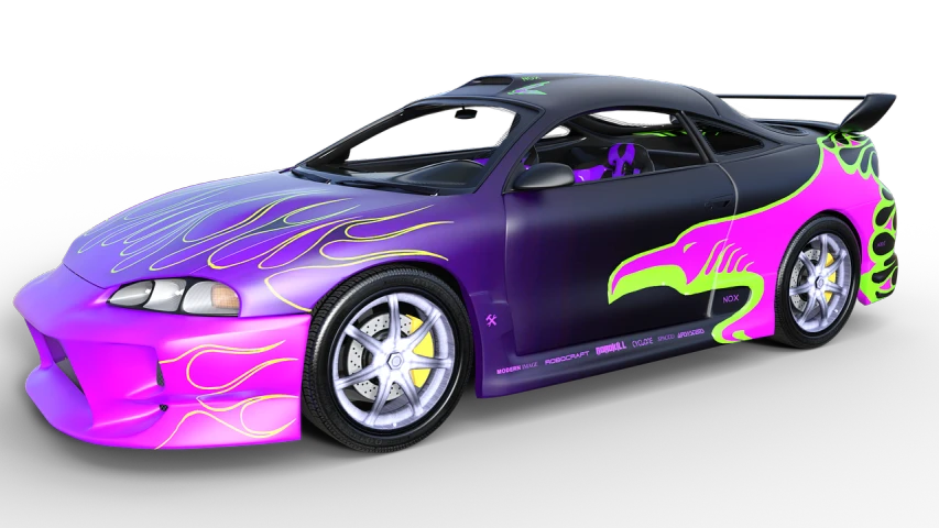 a purple and black car with flames painted on it, trending on zbrush central, conceptual art, in a modified nissan skyline r34, neon color scheme, no gradients, leslie david and lisa frank