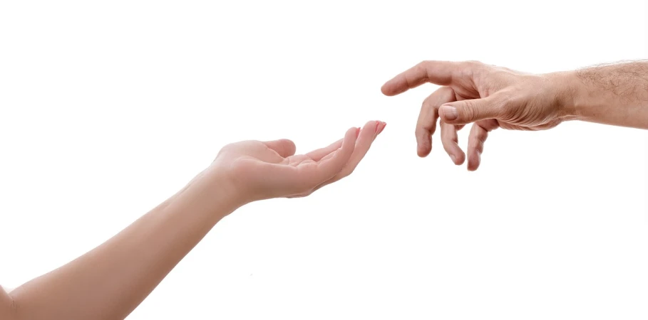 a man reaching out to a woman's hand, a stock photo, by Alexis Grimou, shutterstock, minimalism, wikimedia, on a white background, connections, giving gifts to people