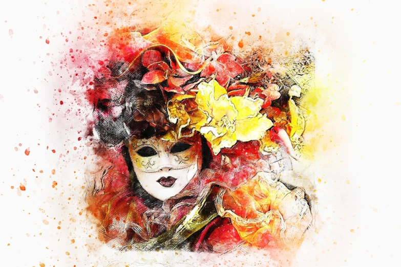 a woman with a mask and flowers in her hair, a digital painting, inspired by Hans Makart, fantasy art, red and yellow color scheme, splashes of colors, mixed media style illustration, venetian mask