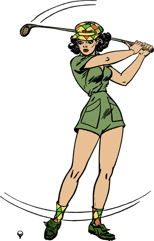 a woman swinging a golf club on a black background, inspired by Alex Toth, deviantart, digital art, wearing dirty soldier uniform, she wears a dark green dress, sf5 ink style, zoomed out full body