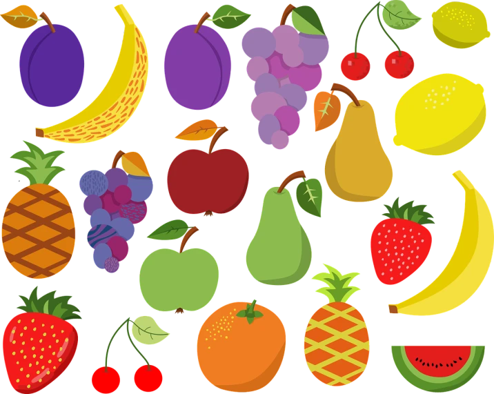 a variety of fruits and vegetables on a black background, vector art, pixabay, pop art, 😃😀😄☺🙃😉😗, tropical fruit, cute:2, some red and purple and yellow