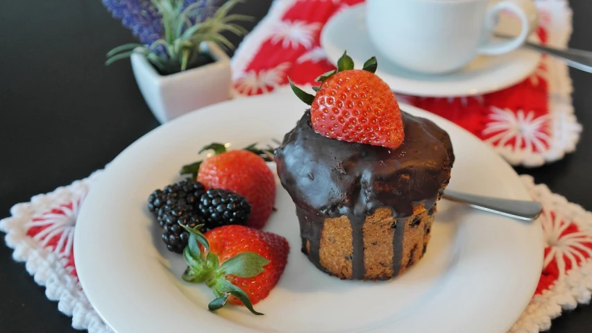 a cupcake sitting on top of a white plate, by Sylvia Wishart, pixabay, some chocolate sauce, squashed berries dripping, high res photo, ceramic