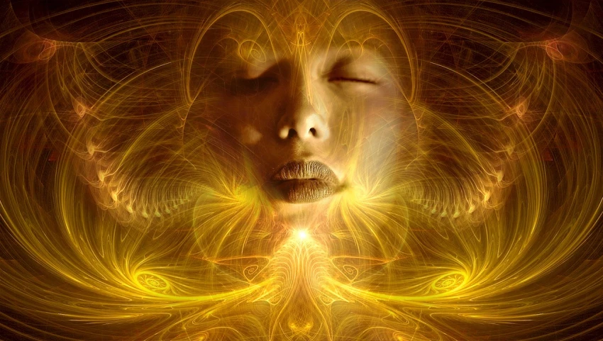 a close up of a person with their eyes closed, digital art, glowing golden aura, in the center of the image, blissful, “ golden chalice