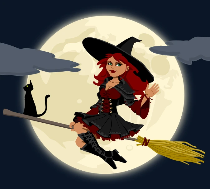 a cartoon witch flying on a broom in front of a full moon, gothic art, red hair and attractive features, flat color, pose 1 of 1 6, with bewitching eyes