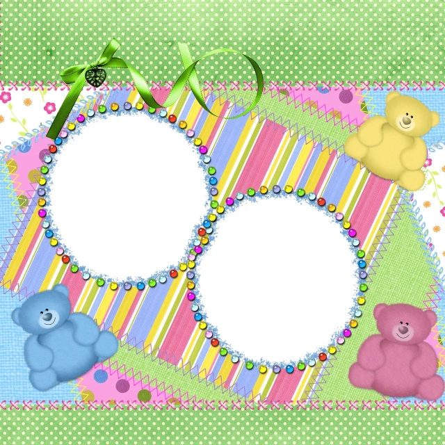 a couple of teddy bears sitting next to each other, inspired by Peter Alexander Hay, layout frame, scrapbook, multicolor, bubbles ”