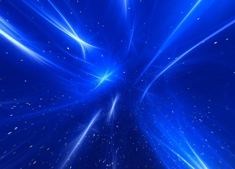 a blue space filled with lots of stars, digital art, light and space, flowing energy, beams of light from sky, cherenkov radiation, dynamic background