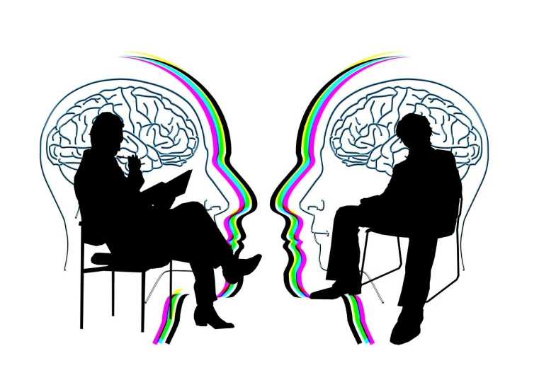 a couple of people that are sitting in chairs, pixabay, synchromism, human brain, silhouette of a man, interview, both faces visible