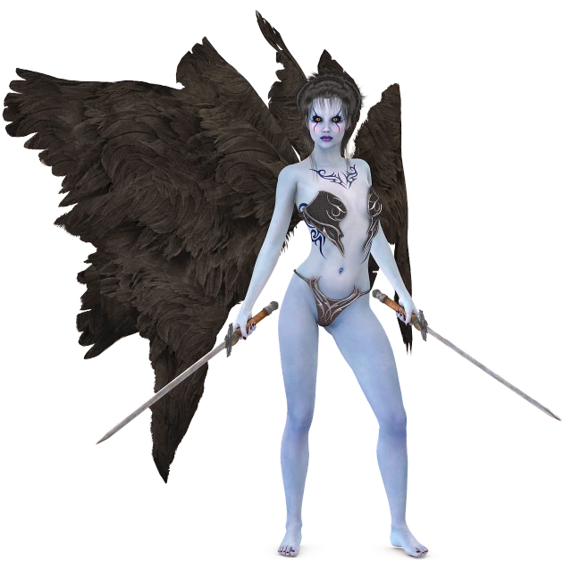 a woman dressed as an angel holding two swords, inspired by Wayne Barlowe, zbrush central contest winner, dark black porcelain skin, pale blue skin, high res render, cupid