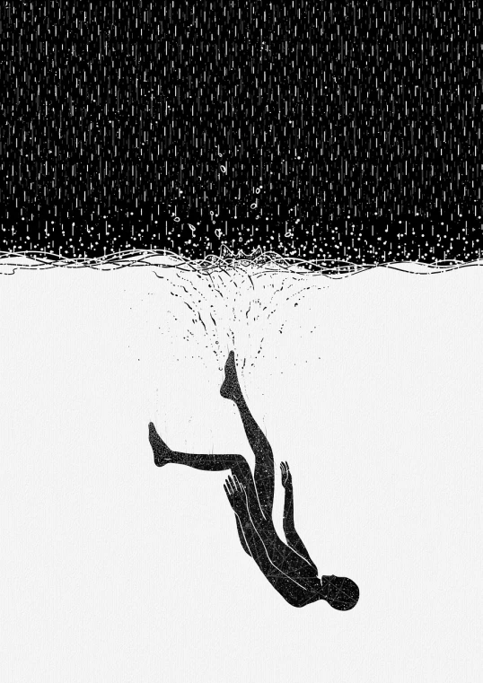 a black and white drawing of a person floating in the water, by Fathi Hassan, tumblr, conceptual art, hard rain falling, computer wallpaper, murder, 8 feet fall