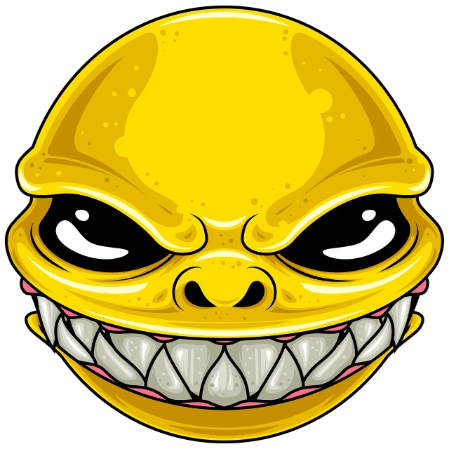 a yellow alien with a big smile on it's face, vector art, inspired by Ed Roth, highly detailed angry anime face, skull mask, shark face, gloomcore illustration
