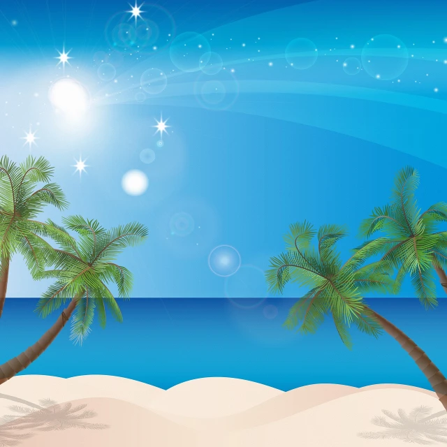 a beach scene with palm trees and the ocean, vector art, by Thomas Crane, shutterstock contest winner, conceptual art, stars background, shiny and sparkling, background image, laying on sand