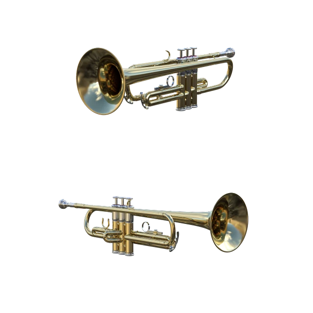 a close up of a trumpet on a black background, concept art, front and back view, high detail product photo, miniature product photo, 3d models