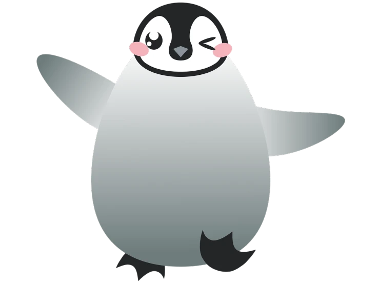 a close up of a penguin on a black background, an illustration of, pixabay, mingei, pose(arms up + happy), shiny silver, no gradients, in style of baymax