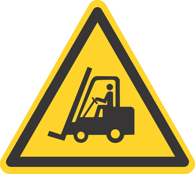a yellow and black sign with a picture of a fork lift truck, a portrait, pixabay, figuration libre, triangle, warning lights, no - text no - logo, boat