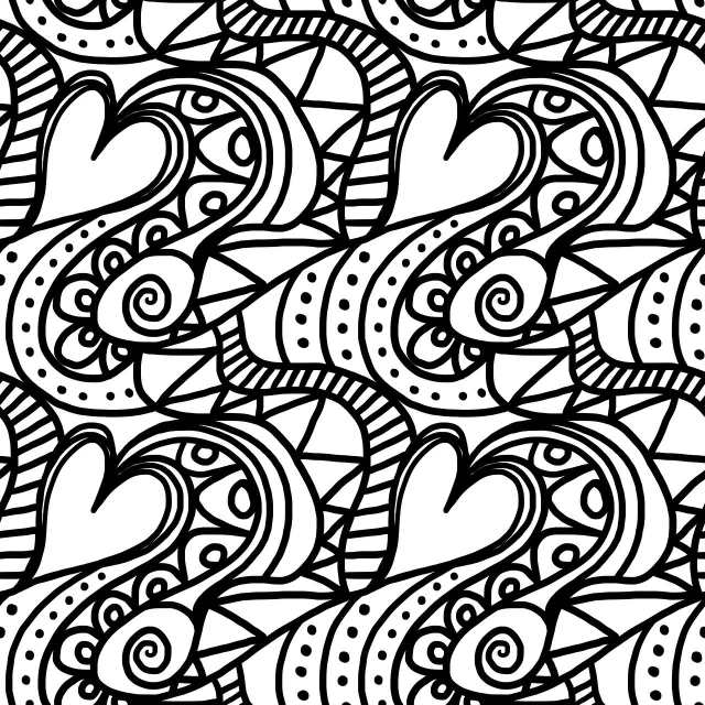 a black and white drawing of hearts and swirls, lineart, by Dóra Keresztes, seamless pattern, coloring book page, mobile wallpaper, sticker design vector art