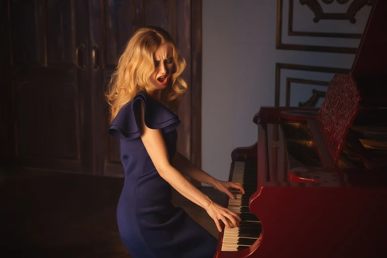 a woman in a blue dress playing a red piano, a portrait, shutterstock, pale skin curly blond hair, in style of britt marling, in style of kyrill kotashev, true realistic image