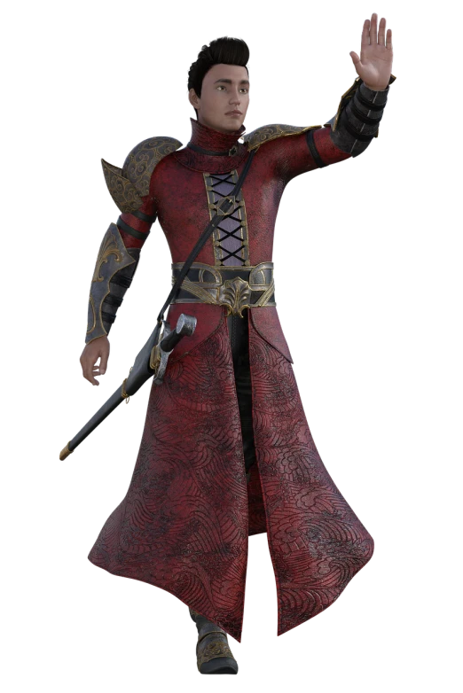 a man in a red coat holding a sword, inspired by Max Magnus Norman, trending on polycount, intricate leather armor, in-game 3d model, royal attire akira, dragon-inspired cloth robes