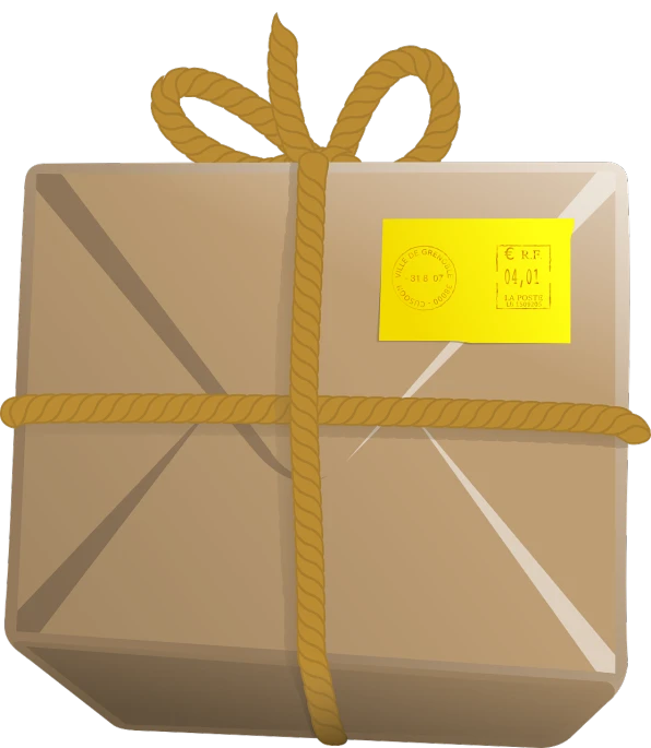 a package wrapped in brown paper with a yellow sticker, a digital rendering, inspired by Masamitsu Ōta, pixabay contest winner, mail art, !!! very coherent!!! vector art, black, christmas, full body close-up shot