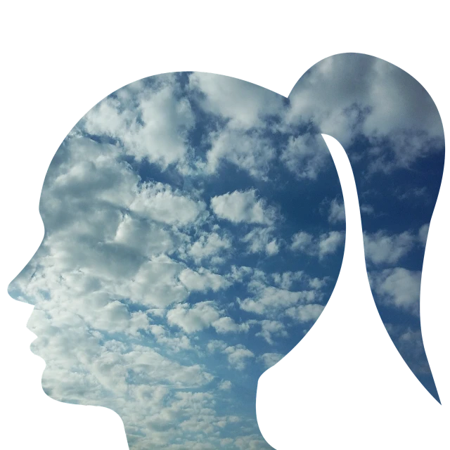 a silhouette of a woman's head with clouds in the background, a picture, inspired by Rene Magritte, surrealism, portait photo