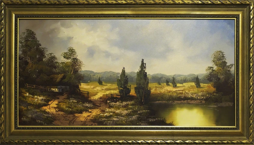 a painting of a landscape with a river in the foreground, an oil on canvas painting, flickr, beautifully framed, wide view of a farm, detailed wide shot, daniel lezama painting style