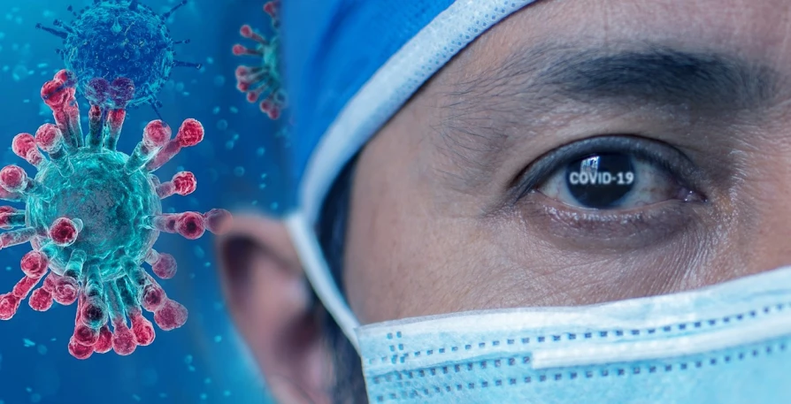 a close up of a person wearing a surgical mask, a picture, by Jeanna bauck, shutterstock, hyperrealism, background image, male physician, 🕹️ 😎 🔫 🤖 🚬, website banner