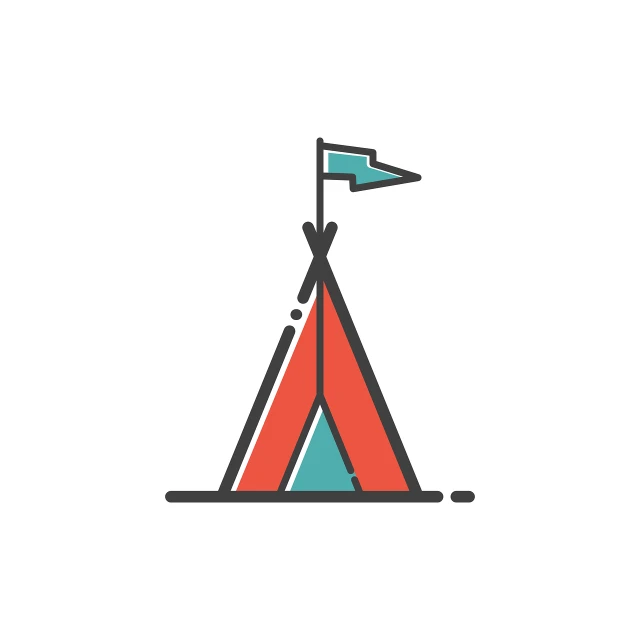 a tent with a flag on top of it, a sketch, minimalism, teal orange, game icon, high quality photos, red flags holiday