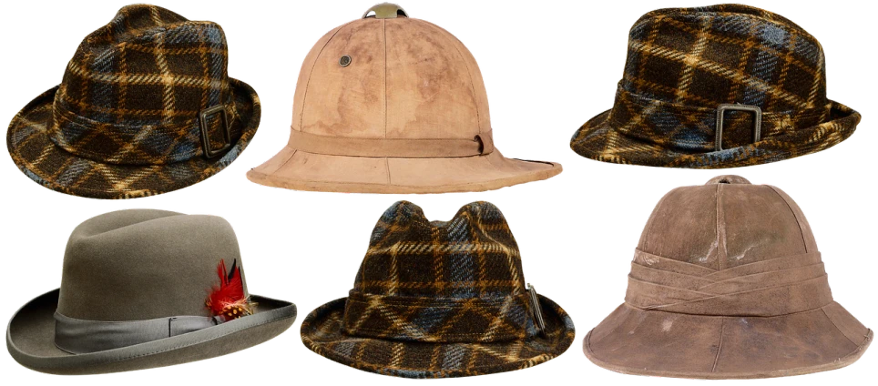 a group of hats sitting next to each other, inspired by Joseph Beuys, shutterstock, digital art, tartan garment, scans from museum collection, faded hat, brown