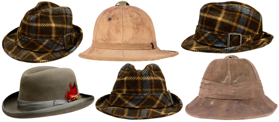 a group of hats sitting next to each other, inspired by Joseph Beuys, shutterstock, digital art, tartan garment, scans from museum collection, faded hat, brown
