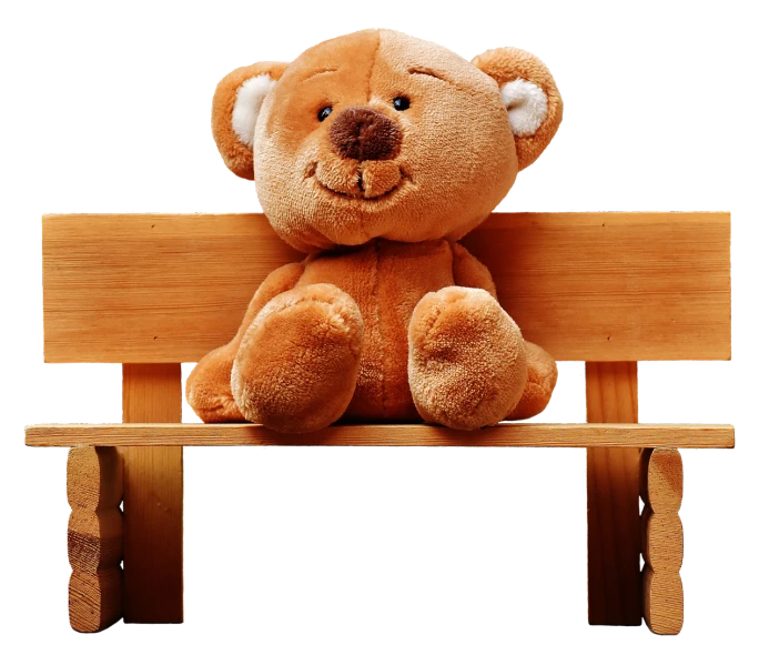 a brown teddy bear sitting on top of a wooden bench, by Niko Henrichon, istock, with a black background, benches, kids toy