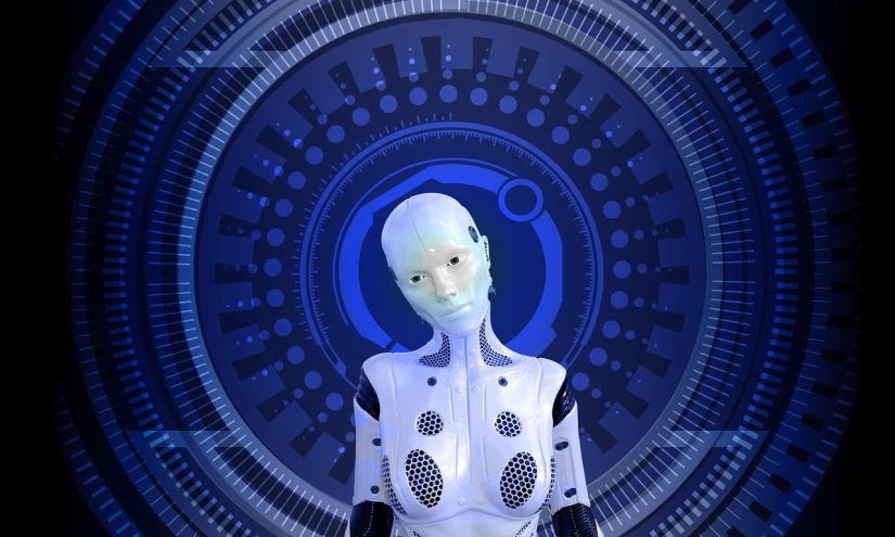 a white robot standing in front of a blue background, a digital rendering, trending on pixabay, digital art, female cyborg in data center, blue circular hologram, detailed face of an android, abstract fractal automaton