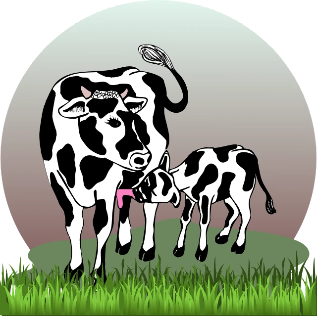 a black and white cow standing next to a baby cow, a digital rendering, emblem, mom, cartoon image, meadows