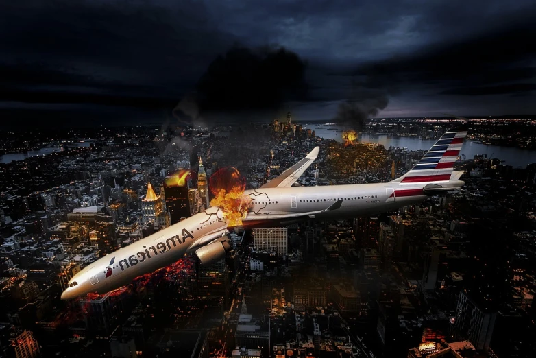 a large jetliner flying over a city at night, a picture, by Robert Jacobsen, tumblr, digital art, full color american nightmare, crashed in the ground, from the avengers (2012), official photo