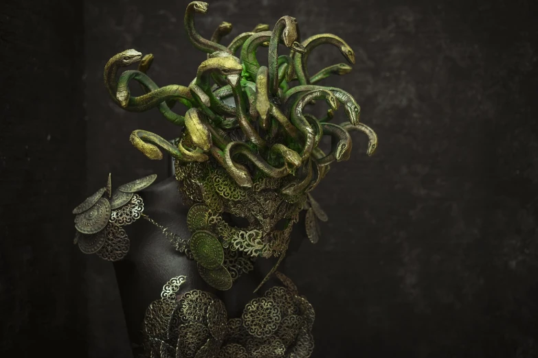 a close up of a vase with a snake head on it, a surrealist sculpture, inspired by Igor Morski, zbrush central contest winner, afrofuturism, woman made of plants, wearing elaborate green and gold, nagash editorial, metal mask