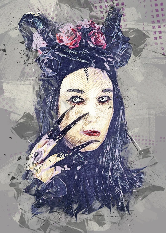 a digital painting of a woman with flowers on her head, vector art, gothic art, malice mizer, grungy; oil on canvas, female with long black hair, cyberpunk pincushion lens effect