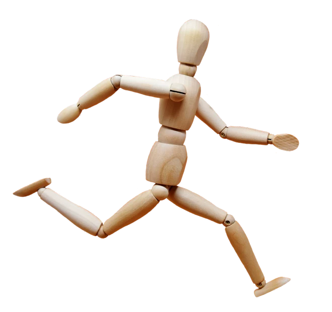 a wooden mannequin running on a black background, pixabay contest winner, stick figure, pinned joints, girl is running, 2 arms and 2 legs!