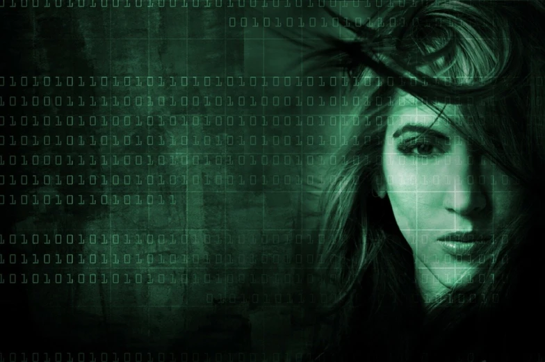 a woman with her hair blowing in the wind, deviantart, digital art, green matrix code, splinter cell, dystopian grunge, in front of the internet