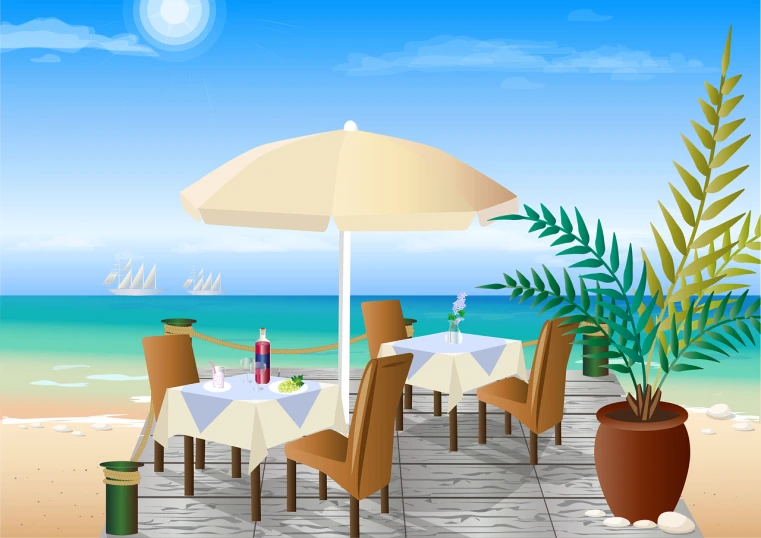 a table with chairs and an umbrella on the beach, a digital rendering, naive art, restaurant, beautiful daylight, free, view of sea