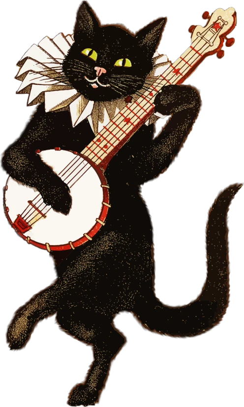 a black cat playing a banjo on a white background, an illustration of, inspired by Louis Wain, costume, high res, bass, full image