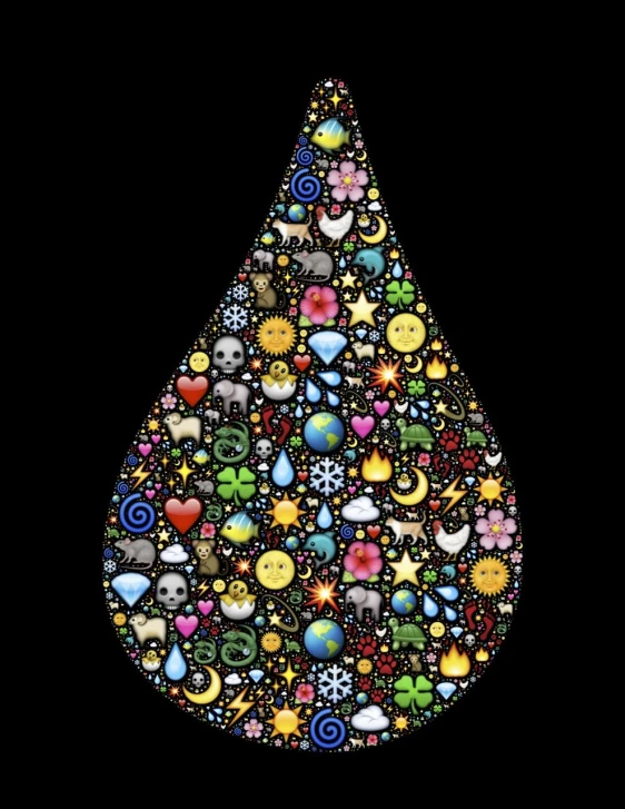a drop of water filled with lots of different things, a mosaic, toyism, digital art emoji collection, beautiful lit, the world tree, black goo