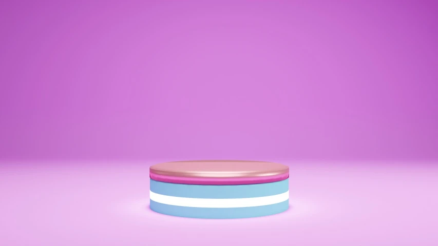 a stack of three plastic containers sitting on top of a pink surface, a 3D render, inspired by Peter Alexander Hay, podium, trimmed with a white stripe, purple and cyan lighting, round base