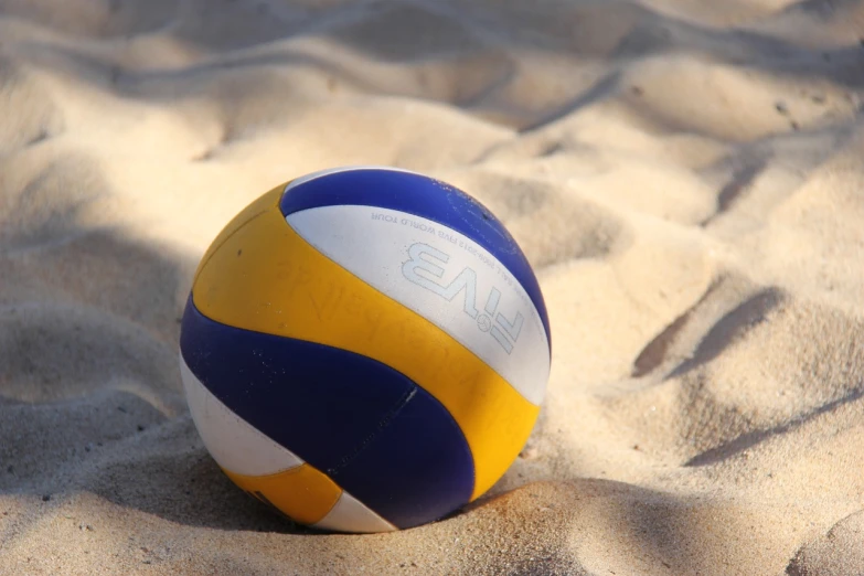 a volleyball ball laying in the sand on a beach, a picture, sōsaku hanga, blue and yellow theme, profile picture, ashe, wallpaper - 1 0 2 4