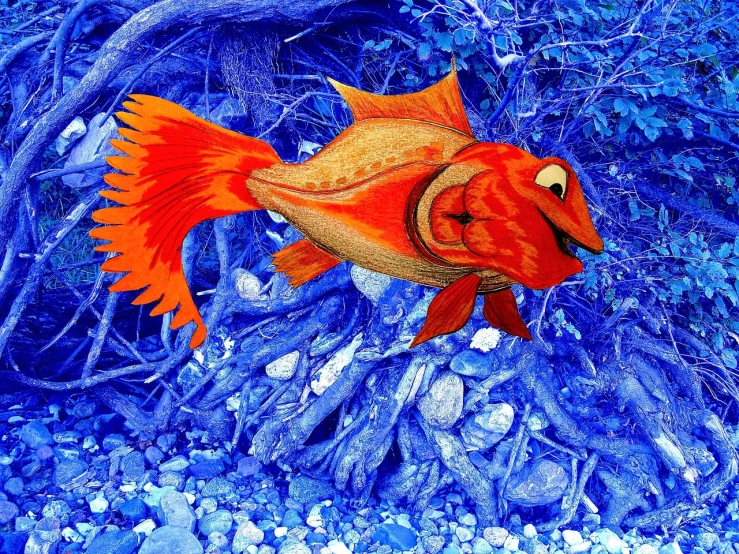 a close up of a painting of a fish, an illustration of, by Igor Grabar, fine art, pixar animation，hyper detailed, blue orange, in style of disney animation, reddish