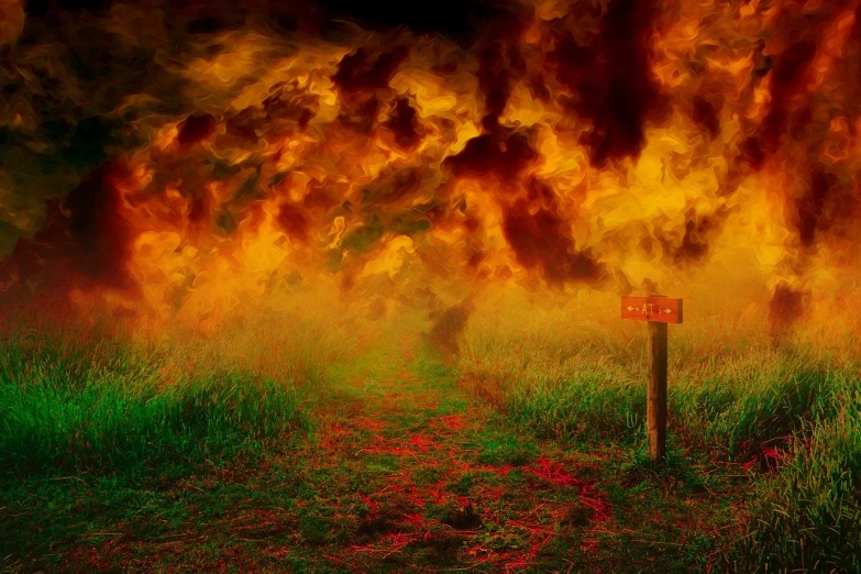 a red fire hydrant sitting on top of a lush green field, a picture, inspired by Phil Koch, flickr, digital art, bikini. background of hell. gore, flames alongside the road, burning clouds, ((((dirt brick road))))